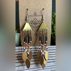 Handcrafted brass Navajo inspired delica bead earrings with genuine stone.